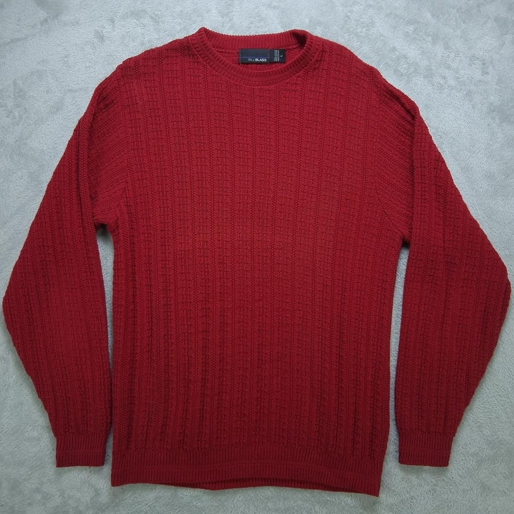 Mens Bill Blass Red Knit Crewneck Sweater Large Textured Grandpa Core Preppy